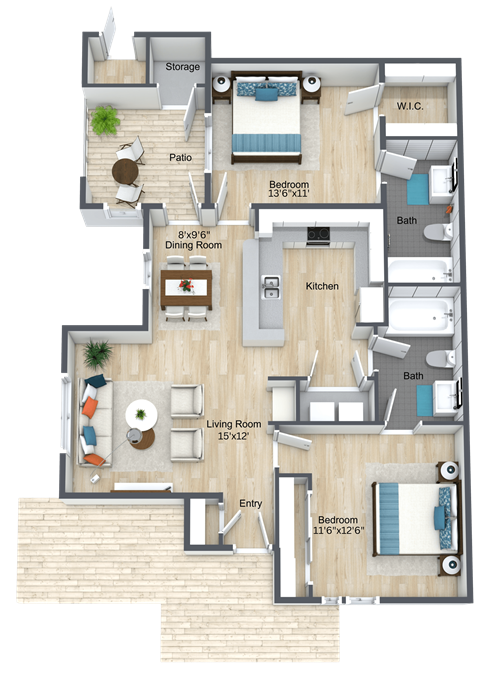 Floor plan for 2 beds, 2 baths, 998 sqft